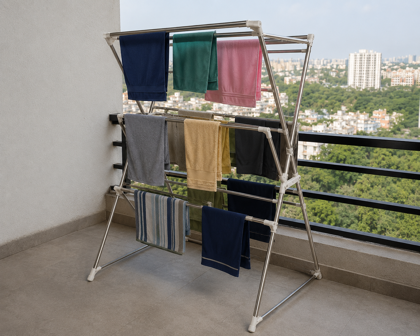 Bulky floor drying stand cluttering a Chennai apartment balcony — takes up all floor space
