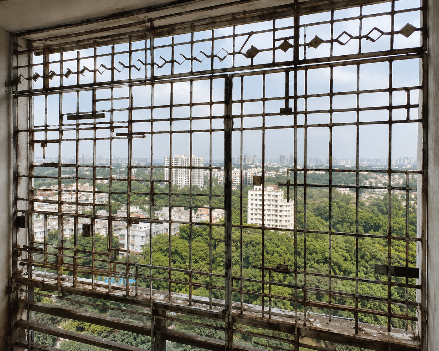 Traditional heavy iron grill on a balcony — blocks view and rusts over time