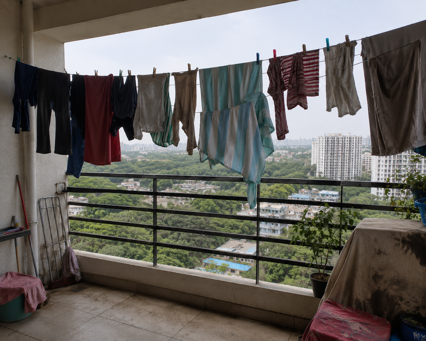 Traditional floor drying stand cluttering a Chennai apartment balcony — bulky, takes all floor space, looks messy